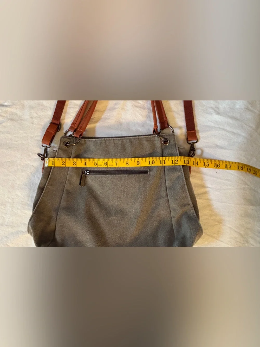 Gray Canvas Convertible Tote Crossbody Bag Multi Pocket Brown Strap